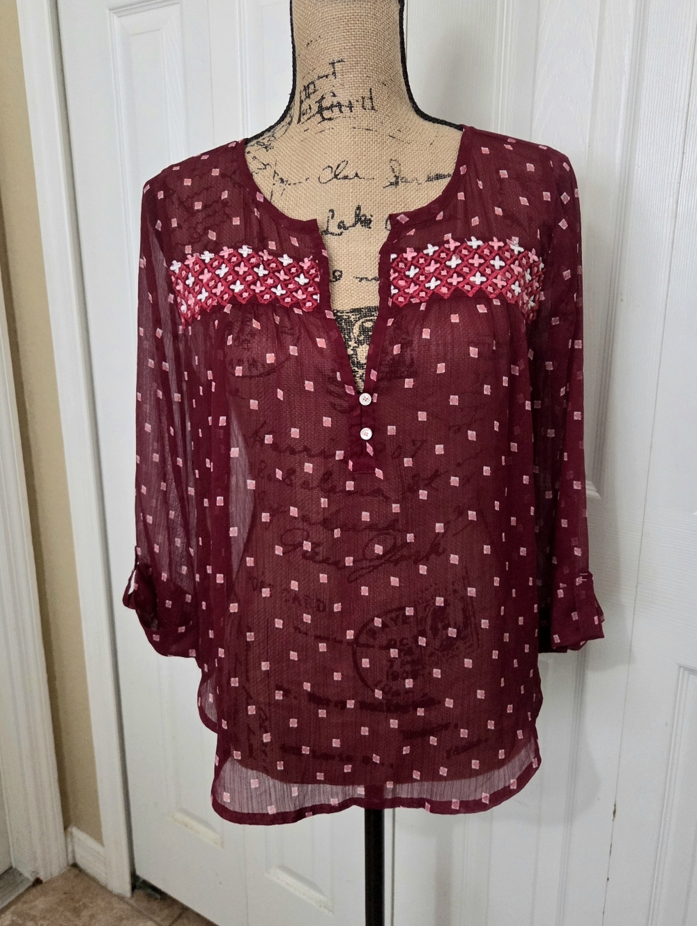 Hollister Women's Burgundy Embroidered Split-Neck Blouse